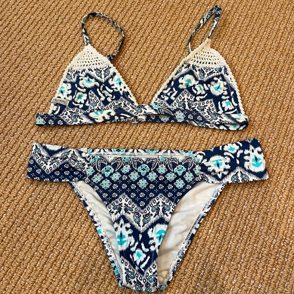 Rhythm Bikini Womens Blue Bandana Print Crochet Trimmed Swimwear